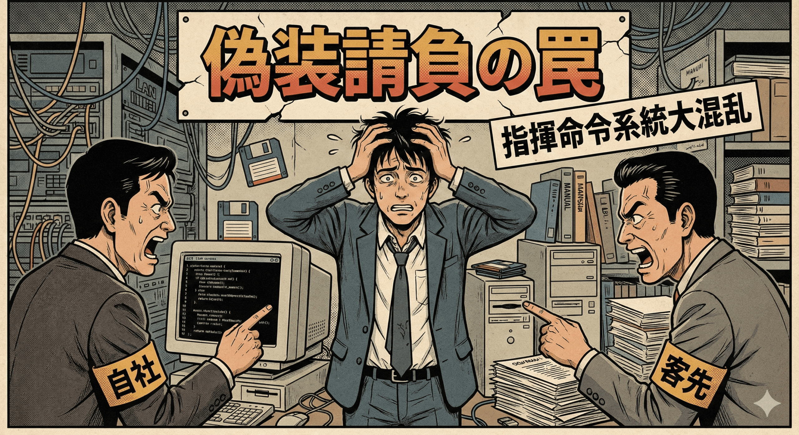平成レトロな劇画調イラスト。IT企業のオフィスで、板挟みになり困惑するエンジニアの男性。左側からは「自社の上司」が、右側からは「常駐先のクライアント」が同時に大声で矛盾する指示を出しており、背景には「指揮命令系統の崩壊」という文字が雷のように描かれている。