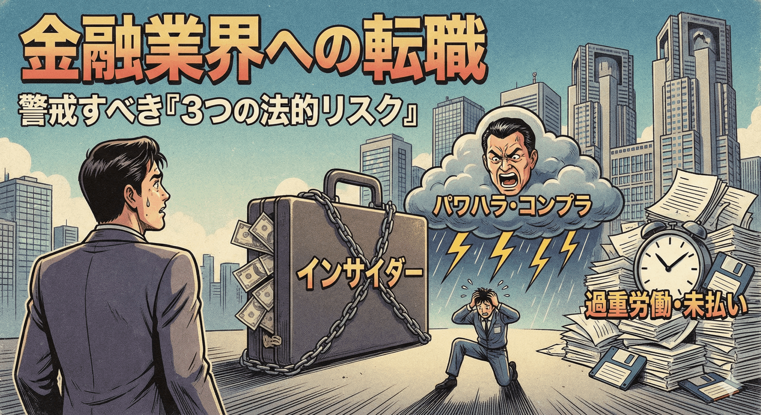 平成レトロな劇画タッチで描かれた、金融業界への転職における法的リスクを警告するイラスト。タイトルは「金融業界への転職　警戒すべき『3つの法的リスク』」。不安げなスーツ姿の男性（転職希望者）の前に、札束が詰まり鎖で封印された「インサイダー」のアタッシュケース、怒る上司の顔の雷雲から雷に打たれて頭を抱える「パワハラ・コンプラ」の社員、山積みの書類とフロッピーディスク、時計に埋もれて苦しむ「過重労働・未払い」の社員が具体的に描写されている。背景は金融街の高層ビル群。