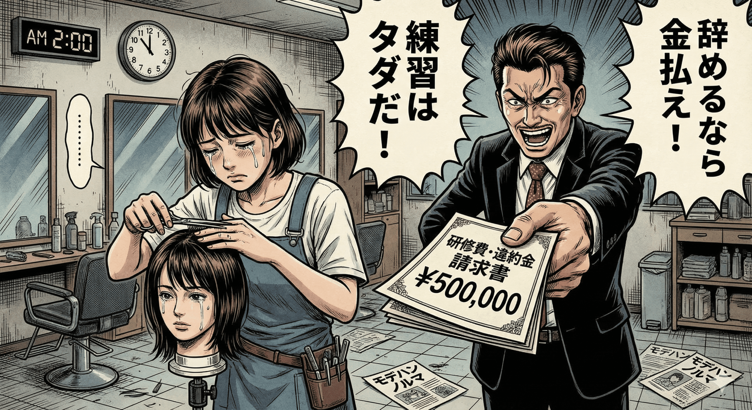 平成レトロな劇画タッチのイラスト。深夜の美容室。疲れ果てたアシスタントの女性が、ウィッグ（マネキン）のカット練習をしている。壁の時計は深夜1時。背後には派手な格好をしたオーナーが立ち、「辞めるなら研修費50万払え！」と書かれた請求書を突きつけている。アシスタントの足元には「チラシ配りノルマ」の紙が散乱している。