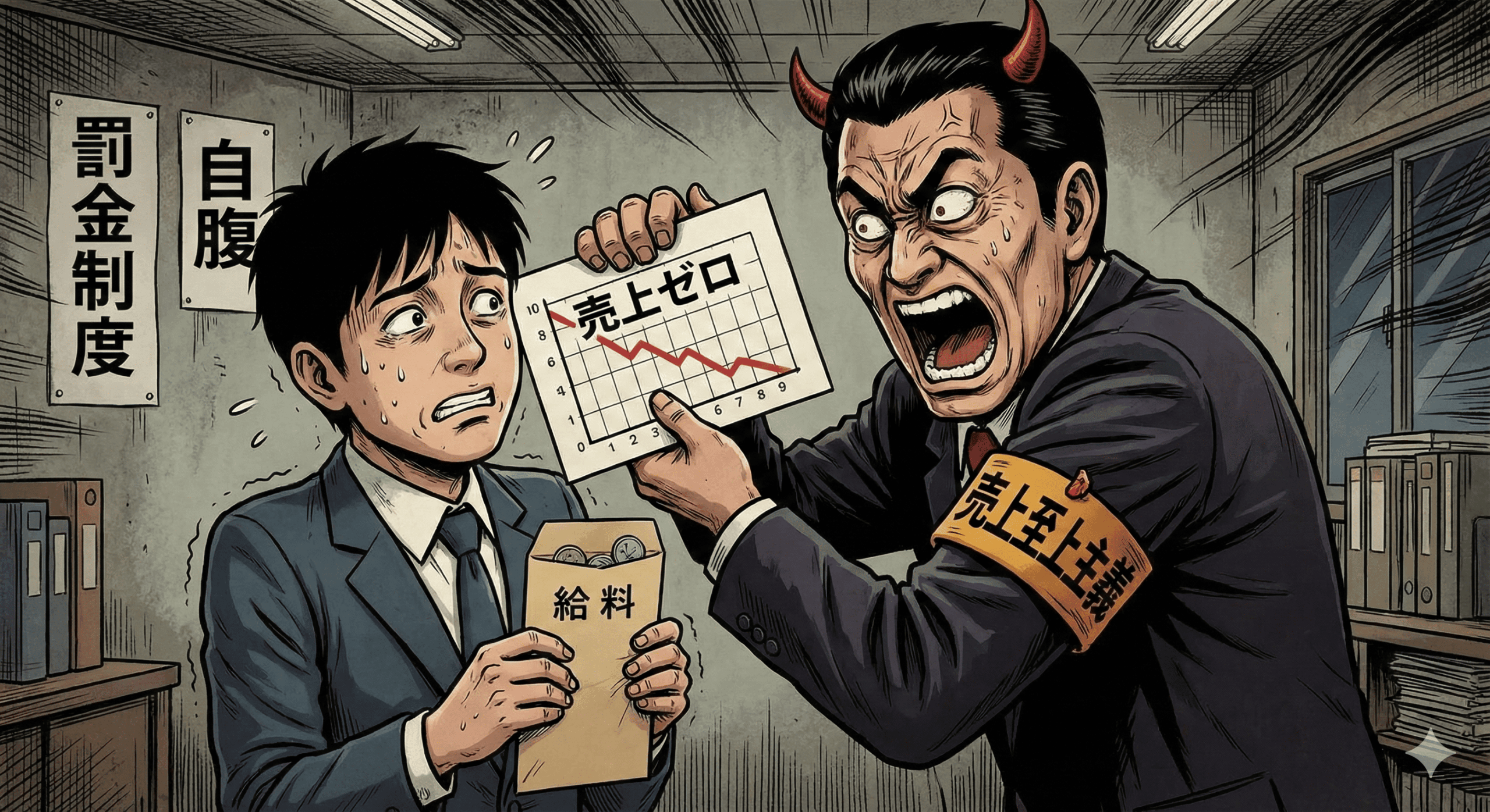 平成レトロな劇画タッチのイラスト。不動産会社のオフィス。「売上至上主義」の額縁の下、鬼のような形相の上司が、グラフ用紙（売上ゼロを示している）を部下の顔に突きつけて怒鳴っている。部下の営業マンは、中身の薄い給料袋を握りしめ、脂汗を流して震えている。背景には「罰金」「自腹」と書かれた貼り紙があり、殺伐とした雰囲気が漂っている。