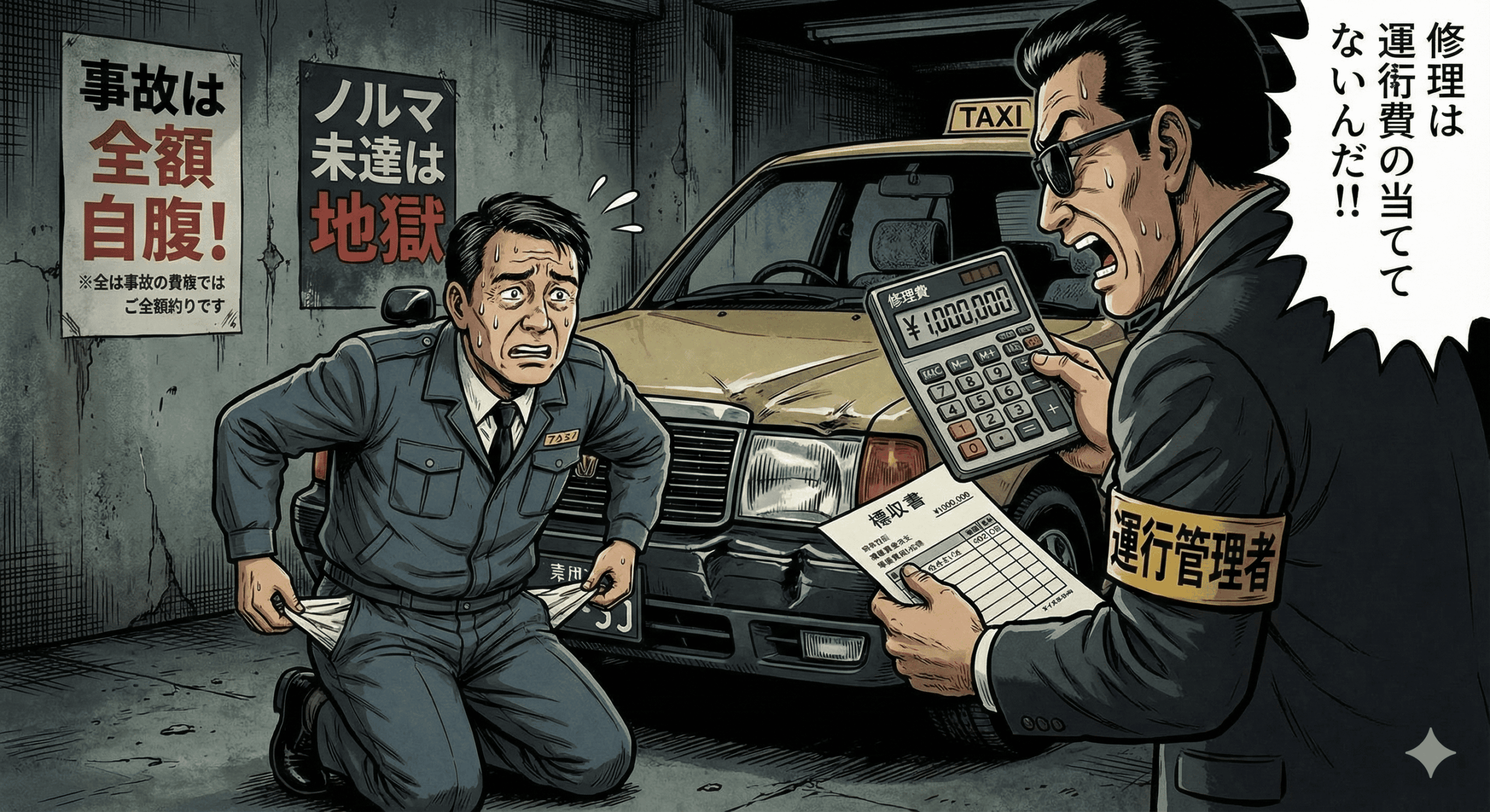平成レトロな劇画タッチのイラスト。タクシー会社のガレージ。バンパーが少し凹んだタクシーの前で、運転手が頭を抱えている。その横で、サングラスをかけた強面の運行管理者が、法外な金額が書かれた「修理代請求書」を突きつけている。運転手の給料袋からは小銭が数枚落ちており、背景には「事故は全額自腹！」「ノルマ未達はクビ！」という貼り紙がある。