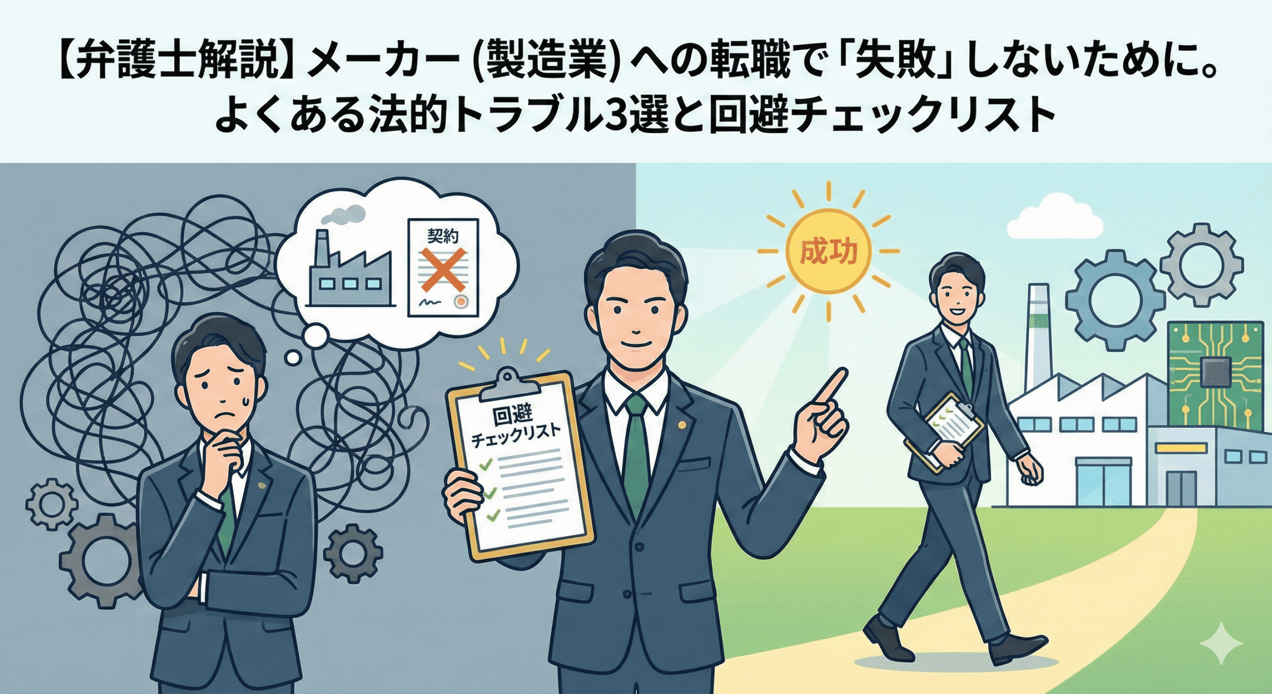 【弁護士解説】メーカー（製造業）への転職で「失敗」しないために。よくある法的トラブル3選と回避チェックリスト。のアイキャッチイラスト。左側には法的トラブルに悩み、絡まった糸や契約書のバツ印に囲まれた男性が描かれ、中央では自信に満ちた弁護士が「回避チェックリスト」を提示している。右側には、そのリストを手に明るい表情で工場へと続く成功の道を歩む男性が描かれており、転職の失敗と成功を対比させた図となっている。