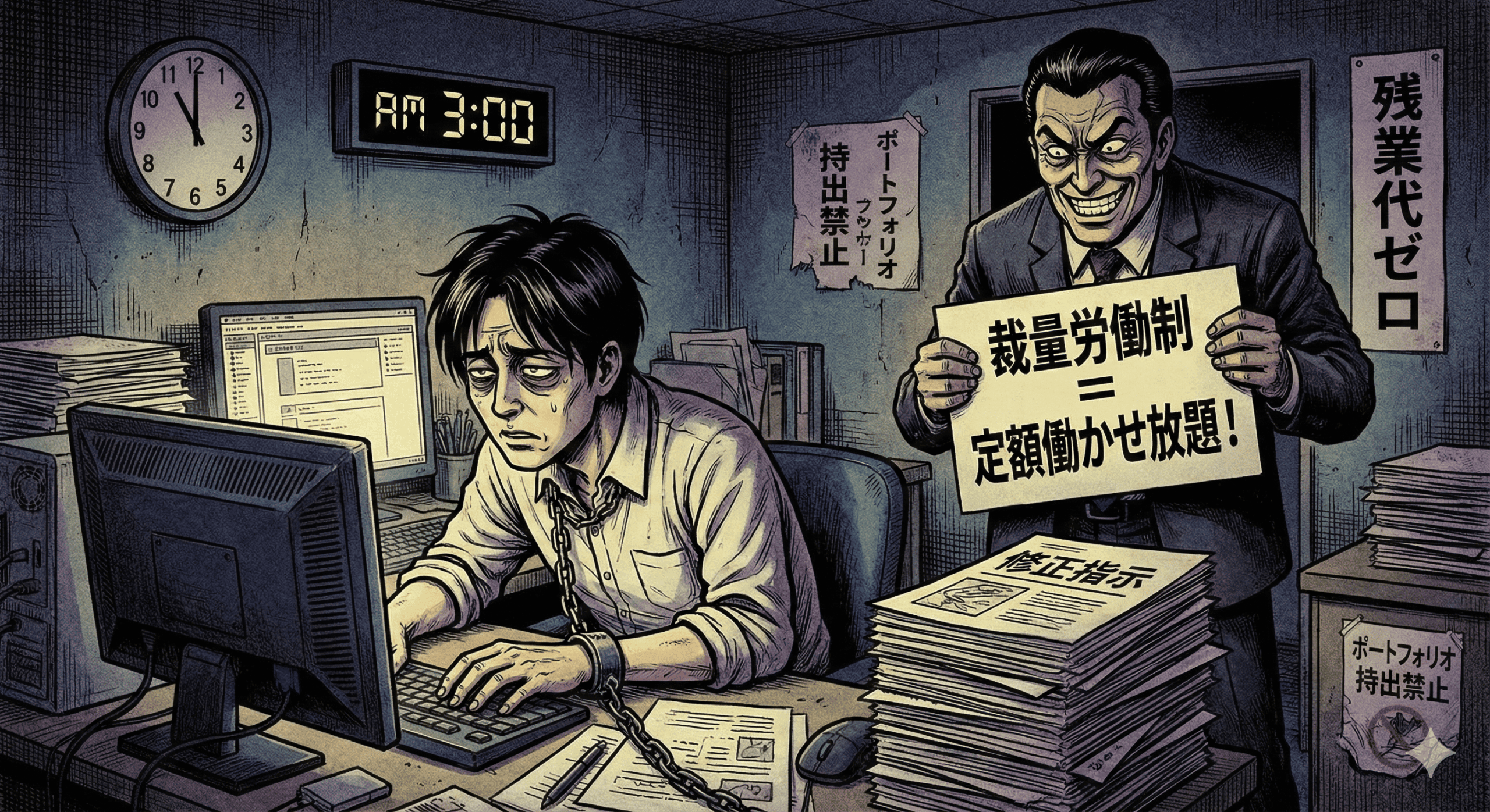 平成レトロな劇画タッチのイラスト。深夜の制作会社のオフィス。目の下にクマを作ったWEBディレクターが、大量の修正指示書に埋もれながらパソコンに向かっている。背後には「裁量労働制」と書かれた額縁があり、その下で上司が「定額働かせ放題」と書かれた契約書を突きつけて笑っている。机の端には「ポートフォリオ持ち出し禁止」の張り紙がある。
