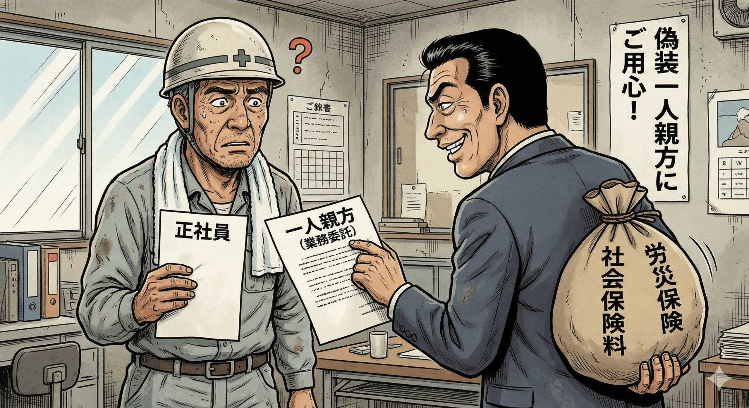 平成レトロな劇画タッチのイラスト。建設現場の休憩所。困惑した表情の作業員服を着た男性の前に、強面の社長が二つの契約書を差し出している。一つは「正社員雇用契約書」、もう一つは「業務委託契約書（一人親方）」。社長は「一人親方」の方を強く推しており、背中には「社会保険料」「労災保険料」と書かれた大きなドル袋を隠し持っている。背景には「偽装一人親方にご用心！」という看板がある。