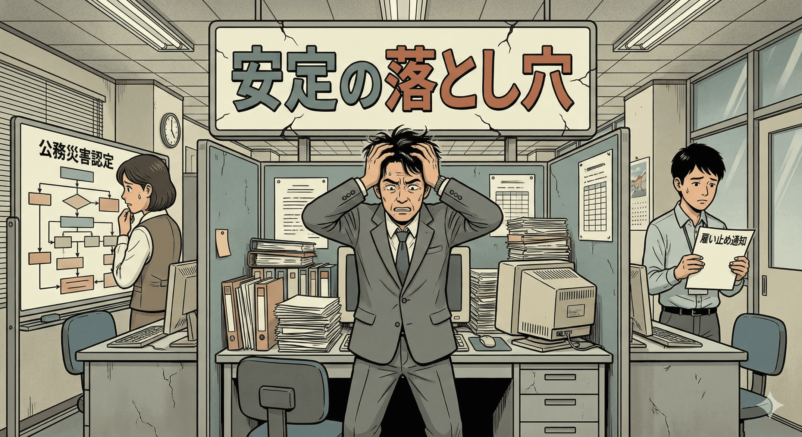 平成レトロな劇画調イラスト。古い官公庁のオフィスで、「安定の落とし穴」と書かれたひび割れた看板の下、頭を抱えて苦悩するスーツ姿の中年男性職員。その左側では女性職員が複雑な「公務災害認定」のフローチャートを不安そうに見つめ、右側では若い男性職員が「雇い止め通知」と書かれた紙を持って悲しげに立っている。書類が山積みされた、閉鎖的でストレスフルな職場の雰囲気が表現されている。