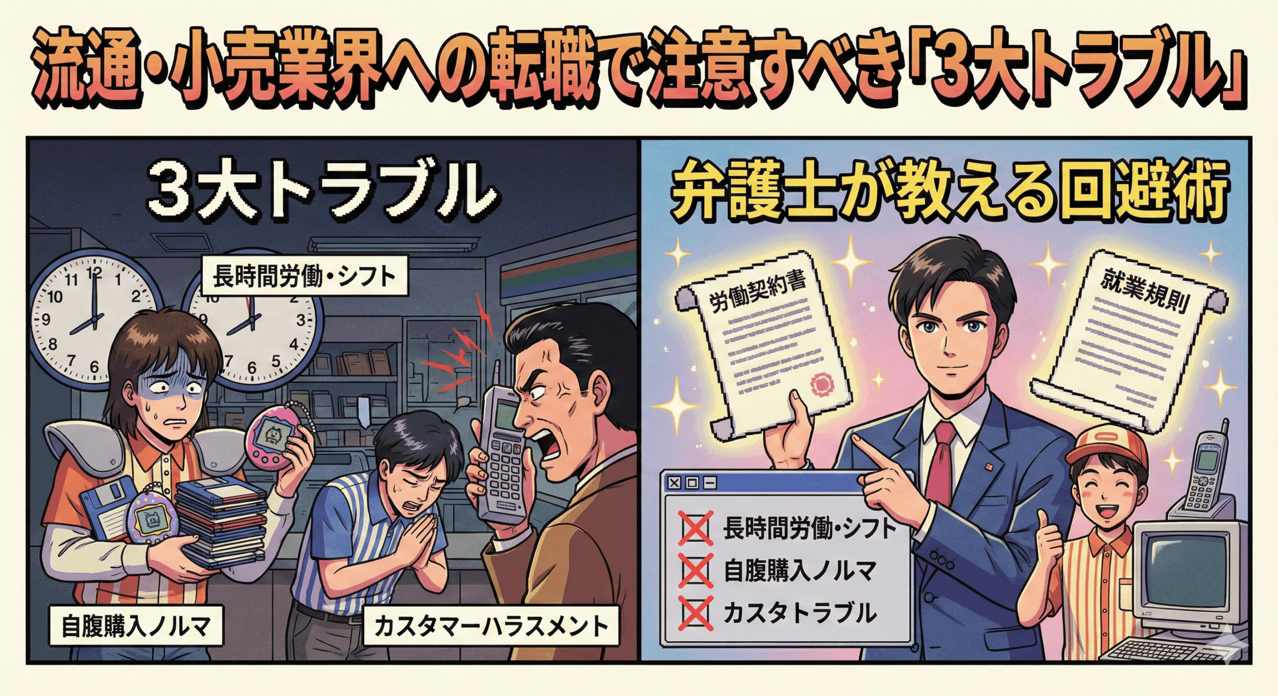 「流通・小売業界への転職で注意すべき『3大トラブル』」のアイキャッチイラスト。 背景にはスーパーマーケットの店舗内や物流倉庫のシルエットが描かれている。 画面中央には、業界特有の法的トラブルとして以下の3つのシーンがコミカルかつ分かりやすく配置されている。 1. 深夜を指す時計と複雑なシフト表に追われる店員（長時間労働・シフト問題）。 2. 「ノルマ」と書かれた箱の山に囲まれ、自腹で商品を購入しようとしている店員（自爆営業）。 3. 怒鳴り散らす顧客に対して深々と頭を下げる店員（カスタマーハラスメント）。 手前では、六法全書を持った弁護士が「Check!」と書かれた指差し棒でこれらのトラブルを指し示し、転職希望者に向けて注意喚起を行っている構図。