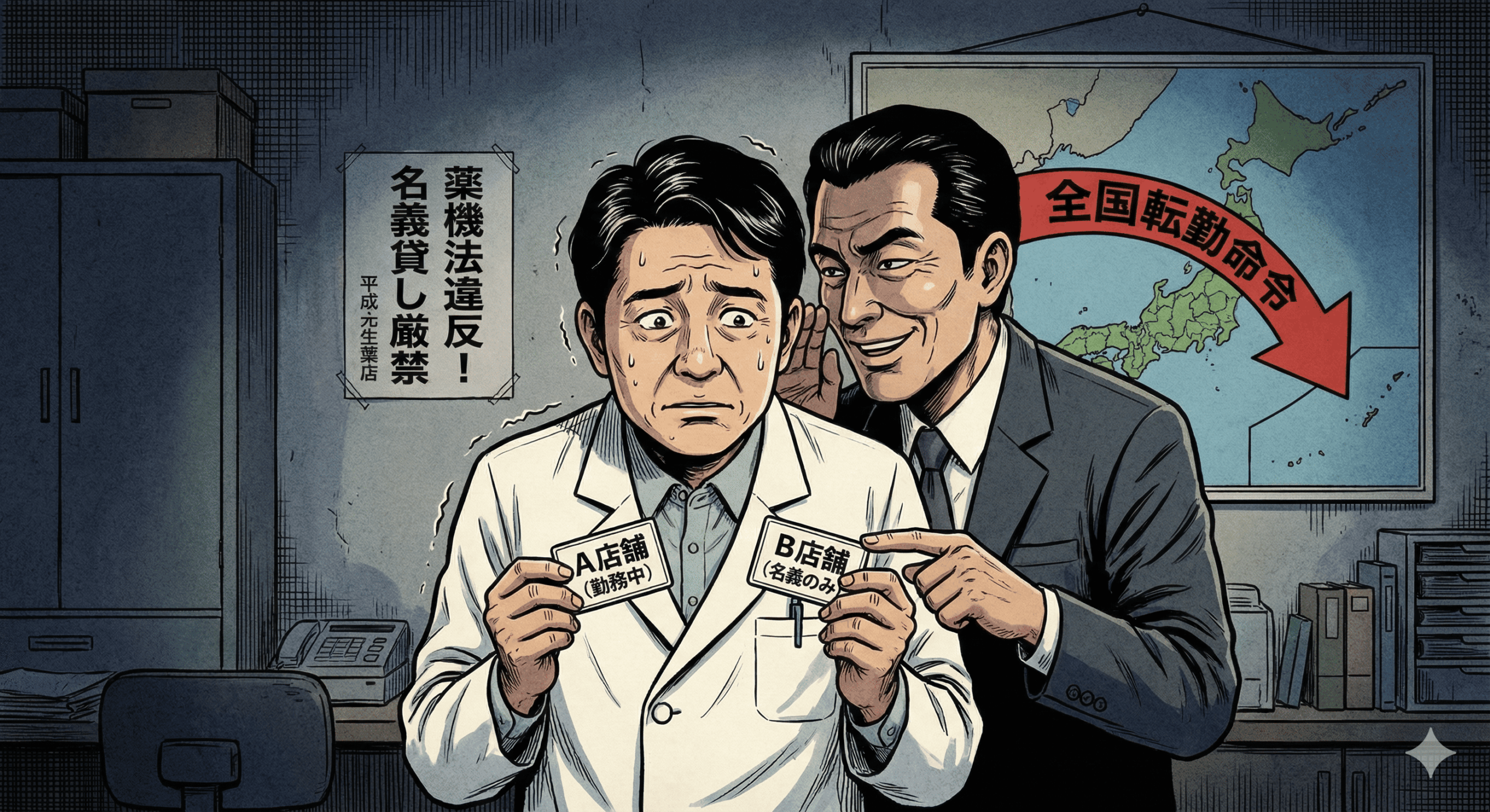 平成レトロな劇画タッチのイラスト。調剤薬局のカウンター裏。白衣を着た薬剤師が、強面の経営者から「店舗B」と書かれた名札を無理やり渡されている。薬剤師は「店舗A」にいるのに、体だけが引き裂かれるような表現。背景の日本地図には、赤い矢印で「強制転勤」と書かれた理不尽な辞令が飛び交い、家族（妻と子）が泣いている様子が描かれている。