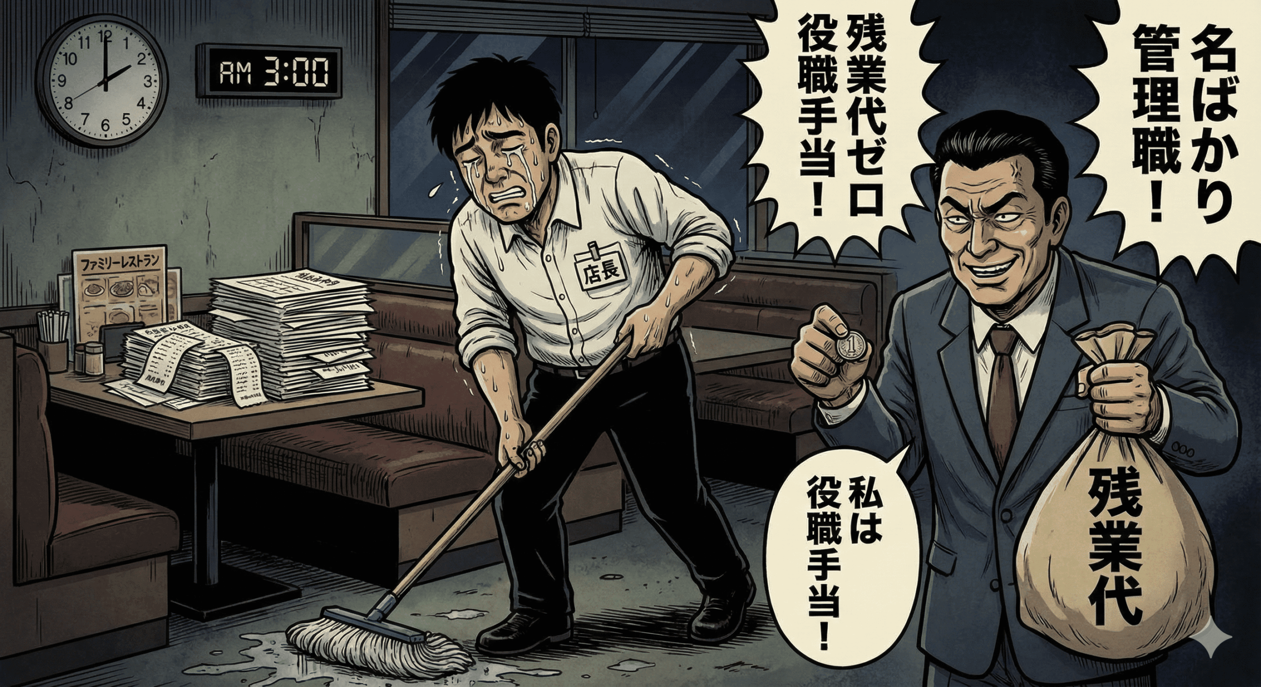 平成レトロな劇画タッチのイラスト。深夜のファミリーレストラン。胸に「店長」と書かれた名札をつけた男性が、涙を流しながらモップ掛けをしている。壁の時計は深夜3時。テーブルには未処理の伝票が山積み。背後では、経営者が「店長手当」と書かれた小さな小銭を一枚渡し、代わりに「残業代」と書かれた大きな袋を奪い取っていく様子が描かれている。