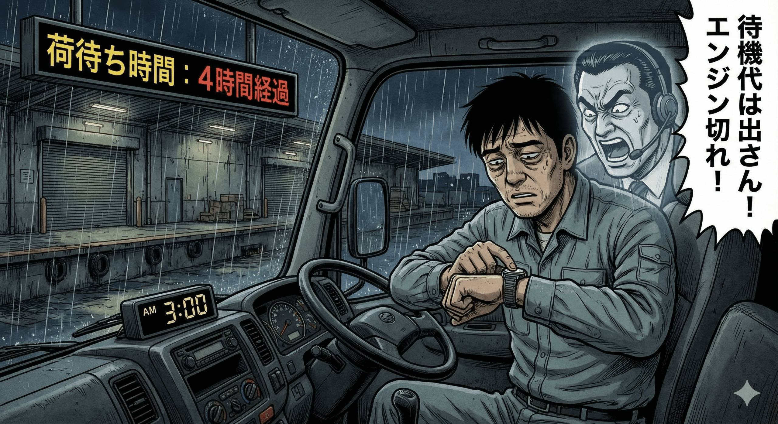 平成レトロな劇画タッチのイラスト。深夜の物流倉庫のバース（荷積み場）。トラックの運転席で、疲れ果てた中年ドライバーがハンドルに突っ伏している。窓の外では雨が降っており、「荷受け待ち 4時間経過」の看板が見える。サイドミラーには、配車係の怒る顔が映り込み、「まだ待て！エンジン切れ！」と叫んでいるような吹き出しが出ている。