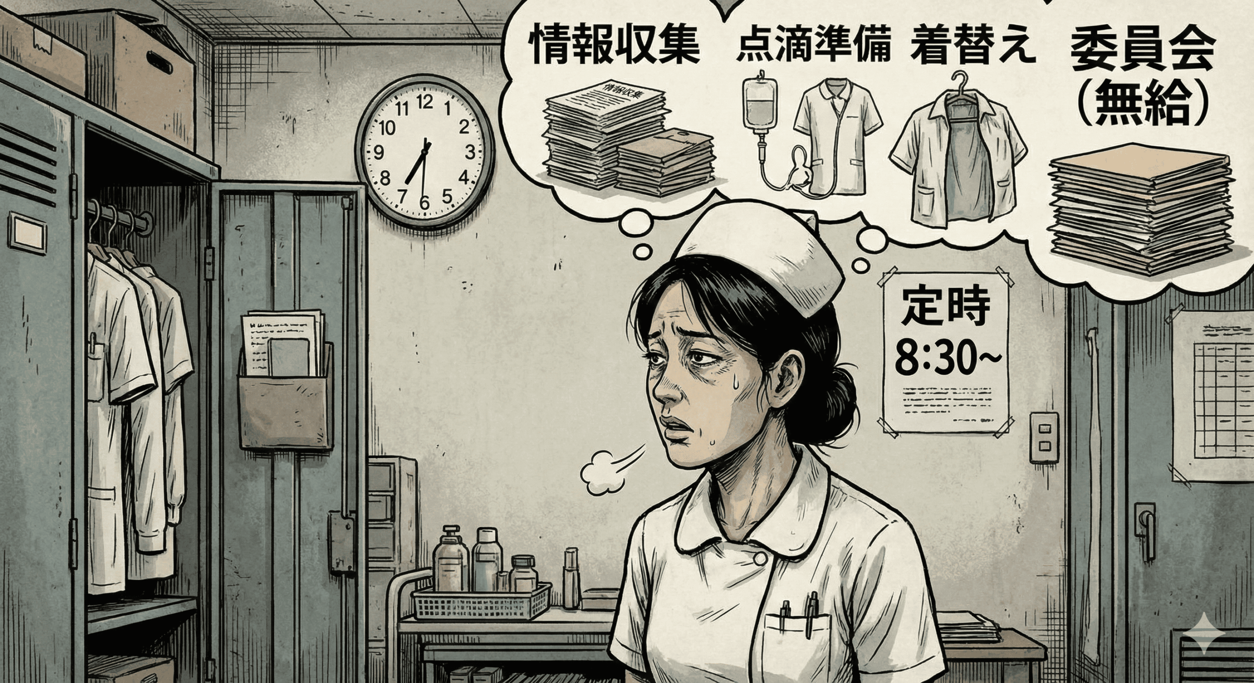 平成レトロな劇画タッチのイラスト。早朝の病院の更衣室。疲れ切った表情の看護師が、壁の時計（7時30分を指している）を見上げている。定時は「8:30〜」と書かれた貼り紙がある。彼女の頭上には、「情報収集」「点滴準備」「着替え」といったタスクが山積みになったフキダシと、夕方の「委員会（無給）」と書かれた会議のフキダシが浮かび、ため息をついている。