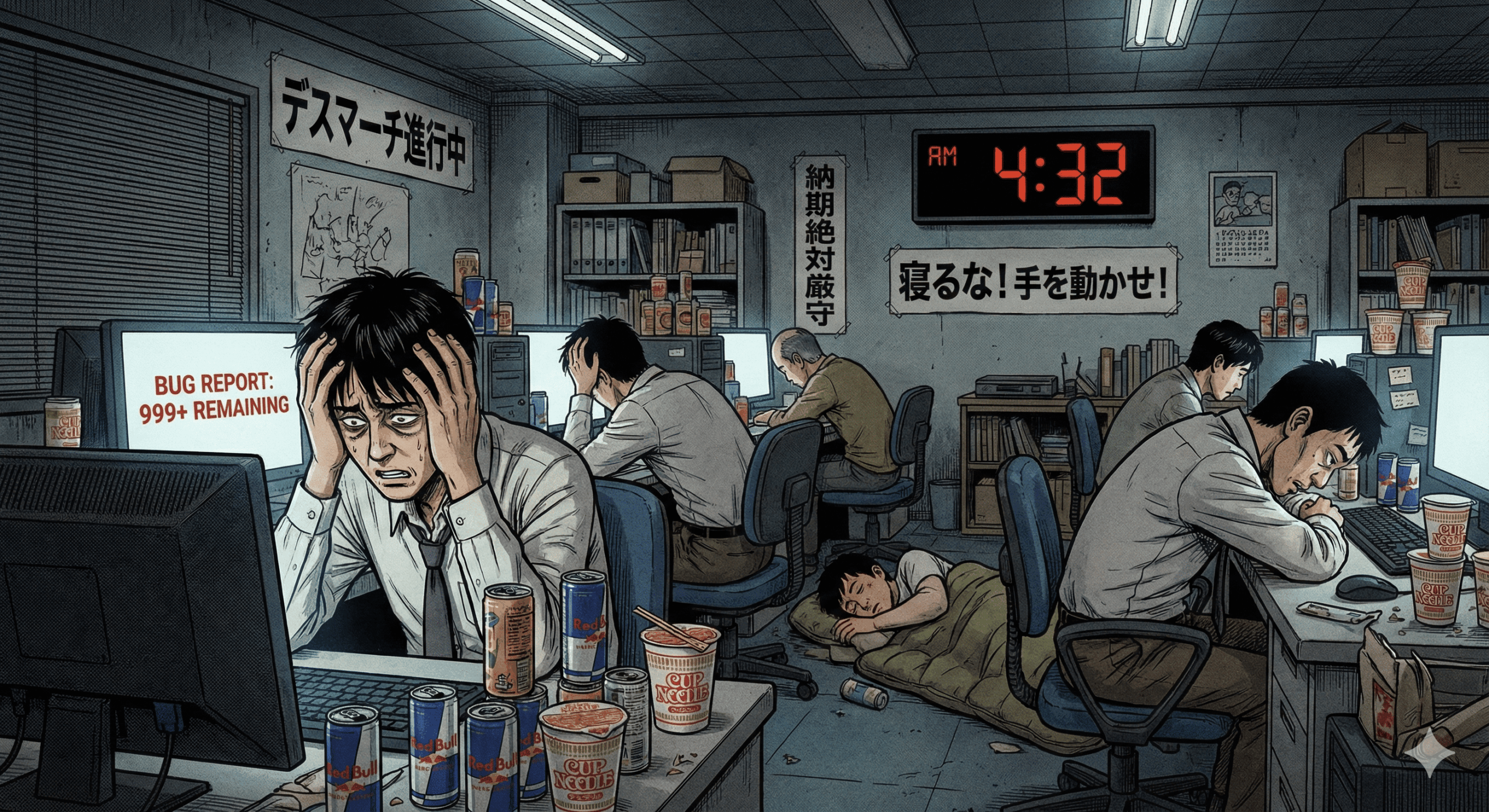 平成レトロな劇画タッチのイラスト。ゲーム開発会社の深夜のオフィス。「納期厳守」の張り紙の下、プログラマーやCGデザイナーたちが目の下に深いクマを作り、エナジードリンクの空き缶の山に囲まれて作業している。床には寝袋で寝ているスタッフもおり、モニター画面には大量の「バグ報告」が表示され、絶望的な雰囲気が漂っている。
