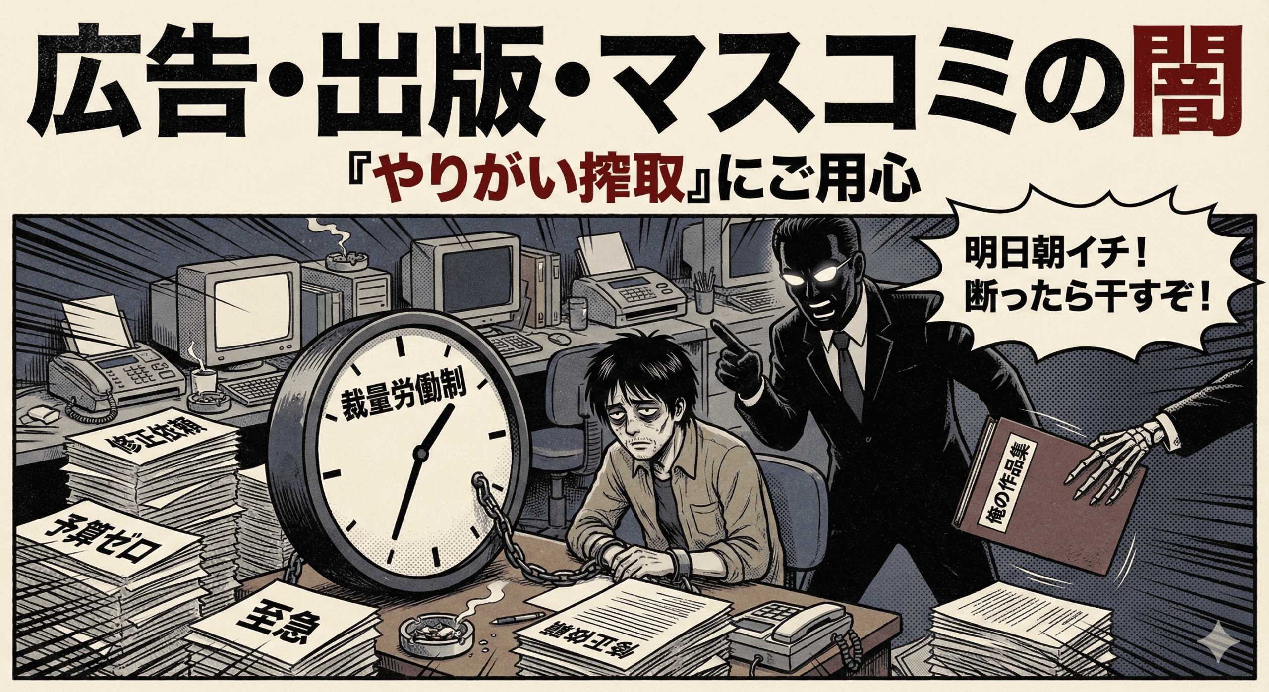 平成レトロな劇画調イラスト。タイトルは「広告・出版・マスコミ　潜む『やりがい搾取』と法的リスク」。深夜のオフィスで、充血した目でPCに向かうクリエイターが描かれている。彼の背中には「裁量労働制」と書かれた重いリュックがのしかかり、そのリュックからは「残業代ゼロ」の札が出ている。机の上には「至急修正」「明日朝イチ」「予算ゼロ」と書かれた付箋やFAXが山のように積まれている。窓の外には煌びやかな都会のネオンが見えるが、室内は暗く、プレッシャーと疲労感が漂う構図。