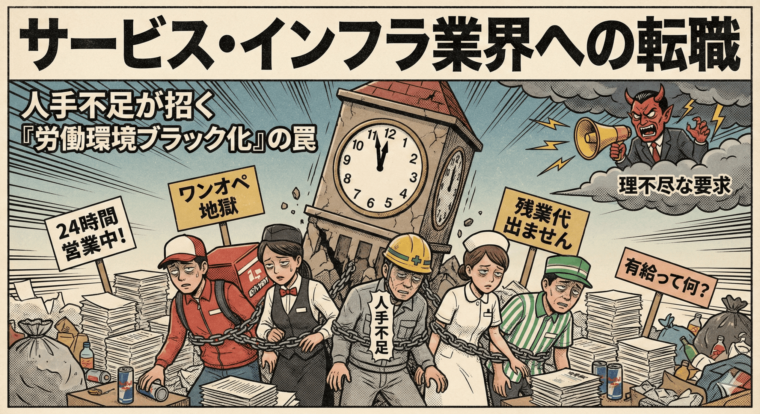 平成レトロな劇画タッチで描かれた、サービス・インフラ業界の労働環境ブラック化を風刺するイラスト。タイトルは「サービス・インフラ業界への転職　人手不足が招く『労働環境ブラック化』の罠」。配達員、飲食店員、建設作業員、看護師、コンビニ店員といった制服姿の労働者たちが、「人手不足」と書かれた太い鎖で繋がれ、目の下にクマを作り疲労困憊した様子で歩いている。彼らの周囲にはゴミや書類が山積みになり、「24時間営業中！」「ワンオペ地獄」「残業代出ません」「有給って何？」といったプラカードが掲げられている。背景には崩れかけた巨大な時計塔があり、右上空の暗雲からは、メガホンを持った悪魔のようなスーツ姿の人物が「理不尽な要求」と怒鳴り散らしている様子が描かれている。