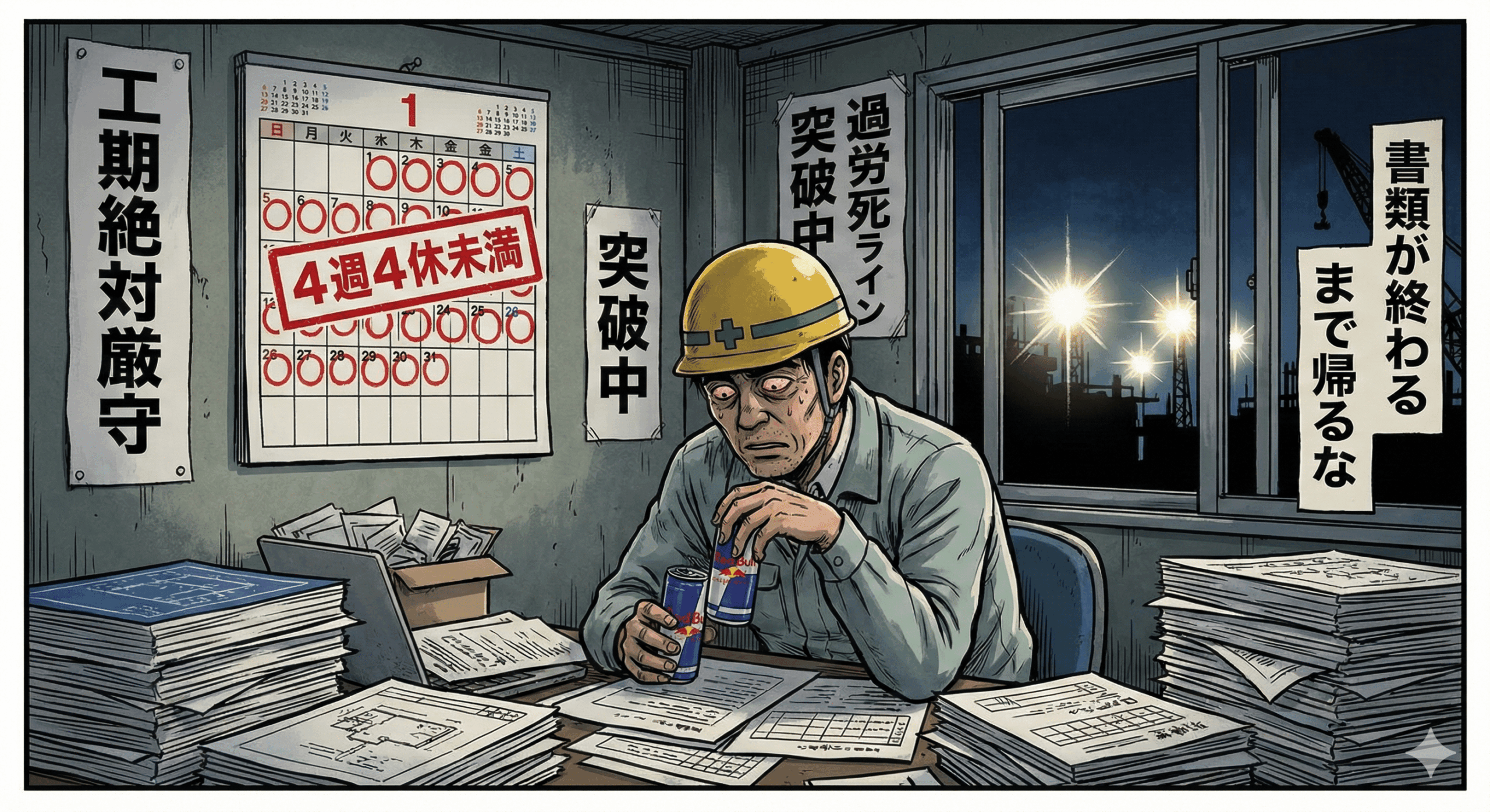 平成レトロな劇画タッチのイラスト。深夜の工事現場のプレハブ事務所。作業着姿の現場監督が、山積みの図面と書類に埋もれ、血走った目で栄養ドリンクを飲んでいる。壁のカレンダーは「出勤」の赤丸だらけで休みがない。背後には「工期絶対厳守！」「書類が終わるまで帰るな」という怒号のような貼り紙があり、窓の外では夜間工事の照明が光っている。