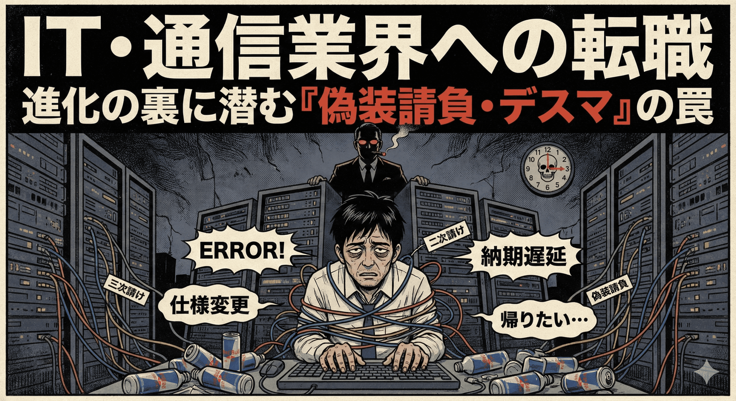 平成レトロな劇画調イラスト。タイトルは「IT・通信業界への転職　進化の裏に潜む『偽装請負・デスマ』の罠」。スパゲッティのように絡まったLANケーブルに縛り付けられ、絶望的な表情でキーボードを叩くエンジニアが描かれている。彼の周りには「仕様変更」「バグ発生」「帰れない」と書かれた警告ウィンドウが空中に浮かんでいる。背景には、巨大なピラミッド構造のサーバー群がそびえ立ち、頂点にいる人物が下層のエンジニアを踏み台にしているような構図で、業界の多重下請け構造を風刺している。