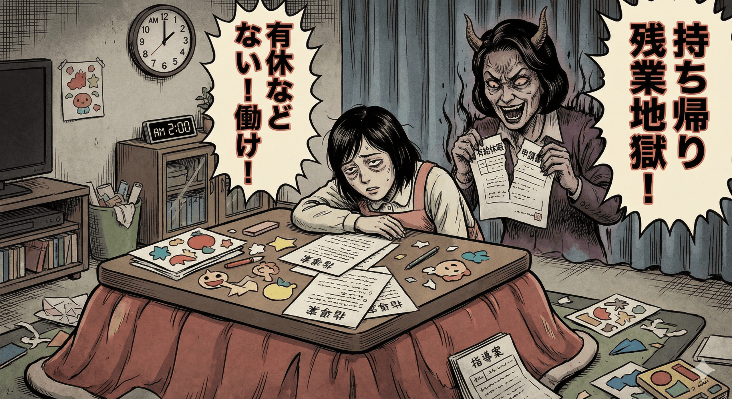 平成レトロな劇画タッチのイラスト。深夜の自宅、散らかった居間でこたつに入り、疲れ切った表情で「壁面飾り」を作っている保育士の女性。時計は深夜2時を指している。こたつの上には「指導案」の書きかけ書類やハサミ、のりが散乱。背後には、鬼のような形相をした園長の幻影が浮かび、「明日までに！」と怒鳴りながら、有給休暇申請書を破り捨てている。